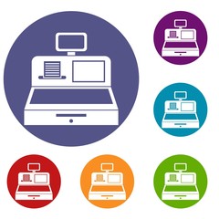 Cash register with cash drawer icons set in flat circle reb, blue and green color for web