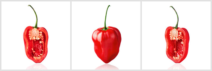 Red Habanero pepper, half of red Habanero pepper, slice, isolated on white background with drop shadow. Collage of set photos. - obrazy, fototapety, plakaty