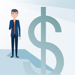 cartoon businessman standing with money symbol over gray background, colorful design. vector illustration