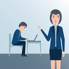 cartoon businesswoman standing and businessman working at desk over gray background, colorful design. vector illustration