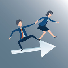 Fototapeta na wymiar businessman and businesswoman on a arrow over gray backgrund, colorful design. vector illustration