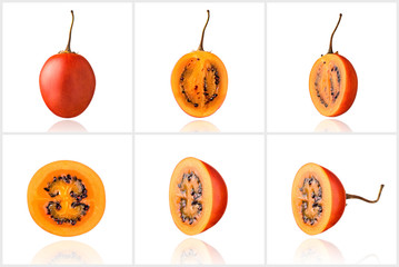 Tamarillo fruit, half of Tamarillo fruit, slice, isolated on white background with drop shadow....