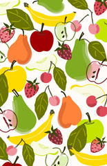 Fruit vector illustration. Strawberries, cherries, pears, bananas, and apples. Hand drawn, doodle rendering. Background, tea towel, scrapbooking and more.
