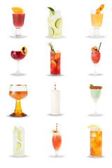 alcoholic and non-alcoholic drinks, cocktails in glasses on a white background