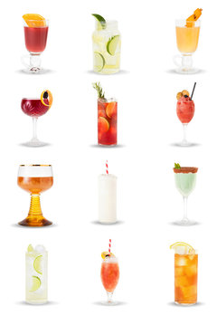 Alcoholic And Non-alcoholic Drinks, Cocktails In Glasses On A White Background