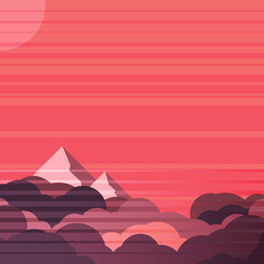 Futuristic cloudscape with clouds and mountain tops in red lights, background vector illustration - 210085637