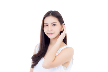 Portrait of beautiful asian woman makeup of cosmetic, beauty of girl with face smile attractive isolated on white background, perfect with wellness and healthcare concept.