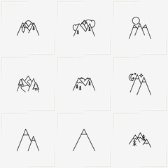Mountains line icon set with mountains  and mountain descent