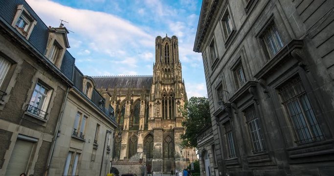 Summer hyper-laps of the beautiful front side of Reims Cathedral and Tresor street Champagne-Ardennes France