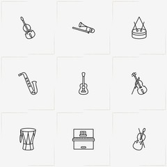 Musical Instruments line icon set with piano, trombone  and saxophone