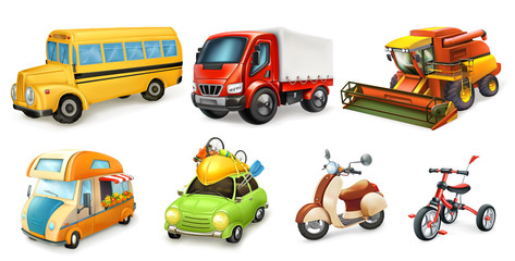 Transportation 3d vector icon set. Bicycle, scooter, car, van, combine, truck, bus - obrazy, fototapety, plakaty