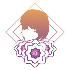 decorative frame with flowers and profile of woman icon over white background, colorful design. vector illustration