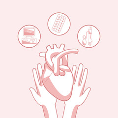 Obraz premium Hands with heart and medicine pills vector illustration graphic design