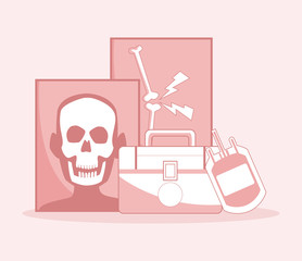 Xray bones with first aids suitcase and blood bag vector illustration graphic design