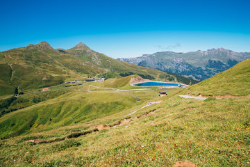Fallbodensee lake and mountain at Jungfrau region in Switzerland