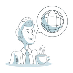 Businessman coffee cup with global sphere vector illustration graphic design
