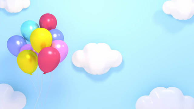 3d rendering picture of colorful balloons and white clouds in the sky.