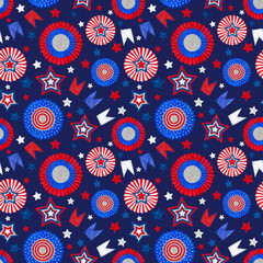 4th of July Seamless Pattern with Tricolor Cockades and Stars on Dark Blue Background.  Seamless Pattern for Patriotic Cockades and Stars for Print, Background, and Textile.
