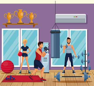 Fitness people training inside gym vector illustration graphic design