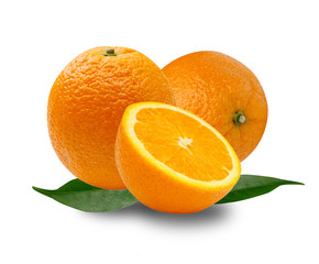 Sliced orange fruit with leaves isolated on white background
