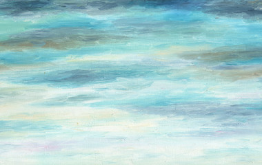 Fototapeta na wymiar Blue and gray clean background. Autumn cloudy sky. Uniform texture. Oil painting on canvas.