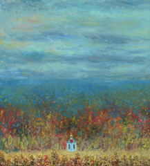 Fototapeta na wymiar Autumn forest leaving into the distance. On the edge of the forest is a small church. View from above. Cloudy sky. In the foreground there is a small meadow. Light haze. Oil painting on wood.