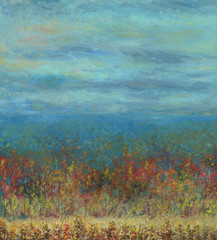 Autumn forest leaving into the distance. View from above. Cloudy sky. In the foreground there is a small meadow. Light haze. Oil painting on wood.