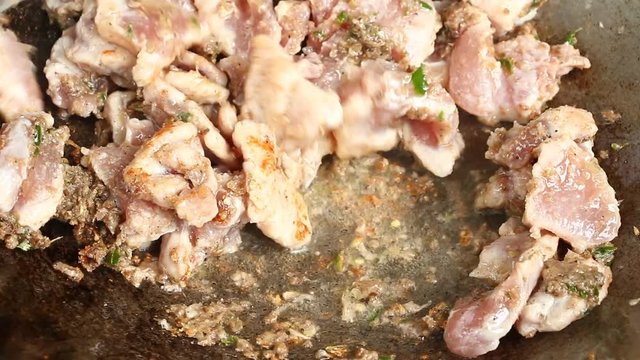 Frying chopped pork with shrimp paste in pan , Thai food