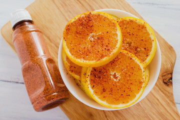 naranja con chile, orange fruit with chili, mexican spicy food in mexico city
