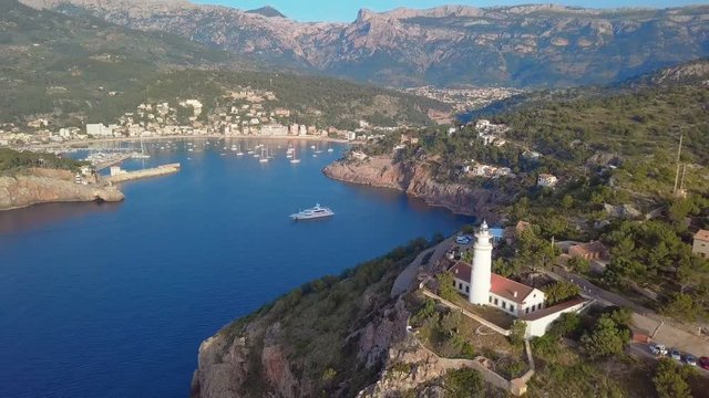 Port de Soller aerial view, Majorca. Mediterranean sea.