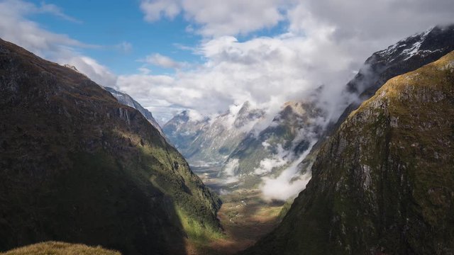 Time lapse view of valley landscape along the Milford Track at the Mackinnon Pass