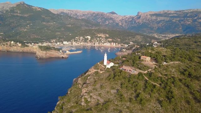 Port de Soller aerial view, Majorca. Mediterranean sea.