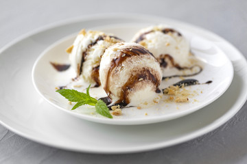 Vanilla Ice Cream with Mint in bowl and chocolate sauce