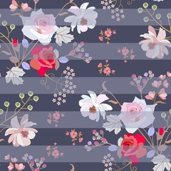Seamless floral striped pattern with pink and red roses, gentle cosmos and umbrella flowers, bird cherry berries in vector. Fashionable print for fabric. natural ornament.