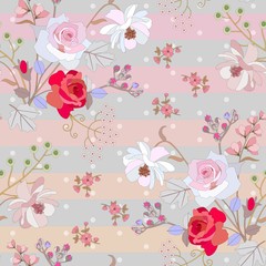 Cute seamless floral pattern on striped polka dot background. Gentle print for fabric. Vector spring or summer design.