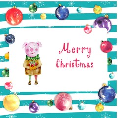 Fototapeta premium Christmas frame with colorful balloonsand pig on red striped background.
