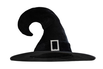 Halloween Witch wizard's hat in black isolated on white background with clipping path for Autumn seasonal holiday costume...