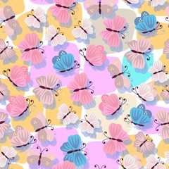 Butterflies and their shadows on a multicolored patchwork background. Vector spring design. Gentle seamless pattern.