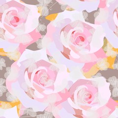 Seamless fantasy pattern with gently pink roses and white transparent butterflies flying over them. Vector summer design. Fashionable printing for fabric, wallpaper.