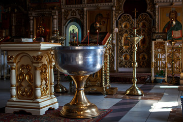 interior in the Russian Orthodox Christian church, icons, candles