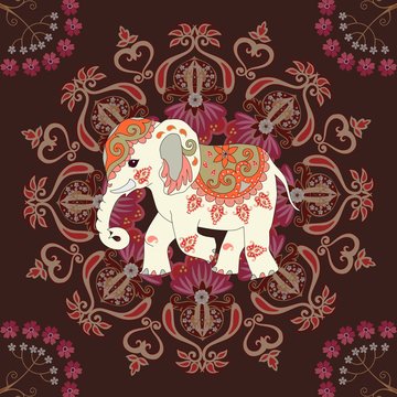 Square carpet or seamless print for fabric with cute elephant, flowers and mandala on dark brown background in indian style. Vector illustration.