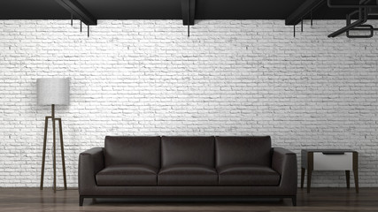 Brown leather sofa in front of a white brick wall 3d illustration furniture set,Floor...