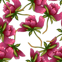 Pink peony flower in a vector style. Seamless background pattern. Fabric wallpaper print texture. Full name of the plant: peony. Vector flower for background, wrapper pattern, frame or border.