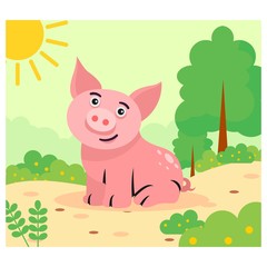 cute funny little pig in the sunny day cartoon character