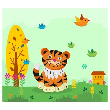 cute funny tiger cub in the meadow cartoon character
