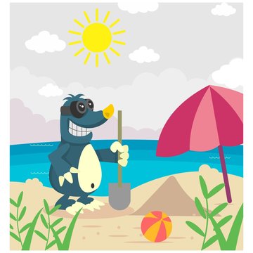 cute funny mole digging in beach cartoon character