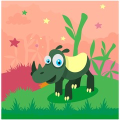Naklejka premium cute funny green rhino in the bamboo forest cartoon character