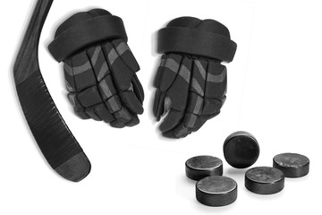 Hockey accessories on a white background