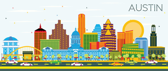 Austin Texas Skyline with Color Buildings and Blue Sky.