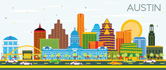 Obraz premium Austin Texas Skyline with Color Buildings and Blue Sky.